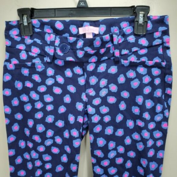 Lilly Pulitzer printed luxury capris Spotted Ankle Pants Zip navy pink Sz 0 flat - Picture 5 of 11